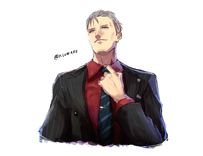 1boy, blue_neckwear, business_suit, closed_mouth, facial_hair, finger_to_neck, formal, from_below