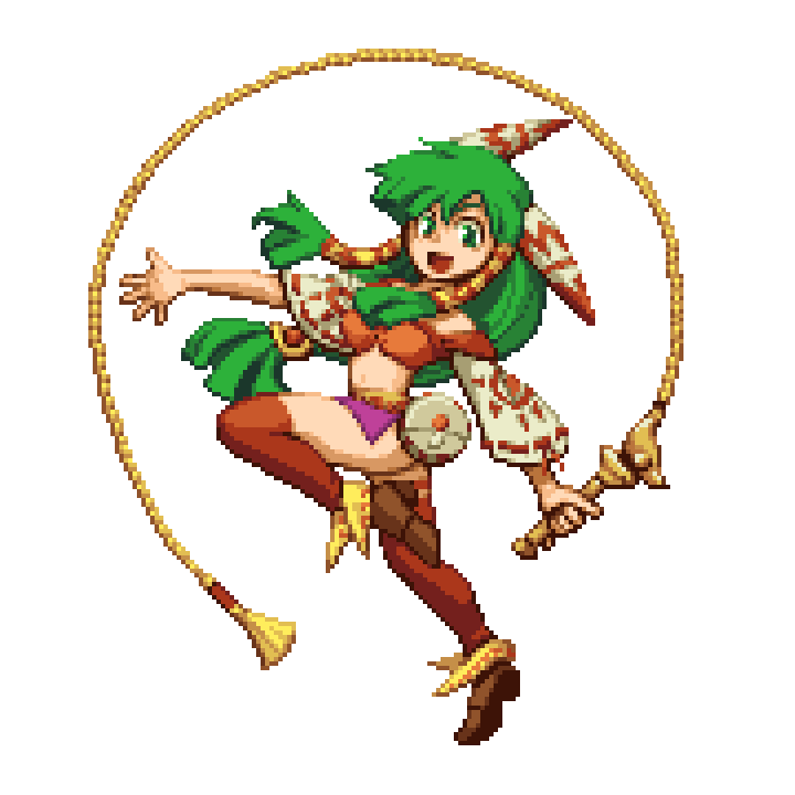 1girl, breasts, brown_footwear, feena_(grandia), grandia, green_eyes, green_hair, hair_ornament