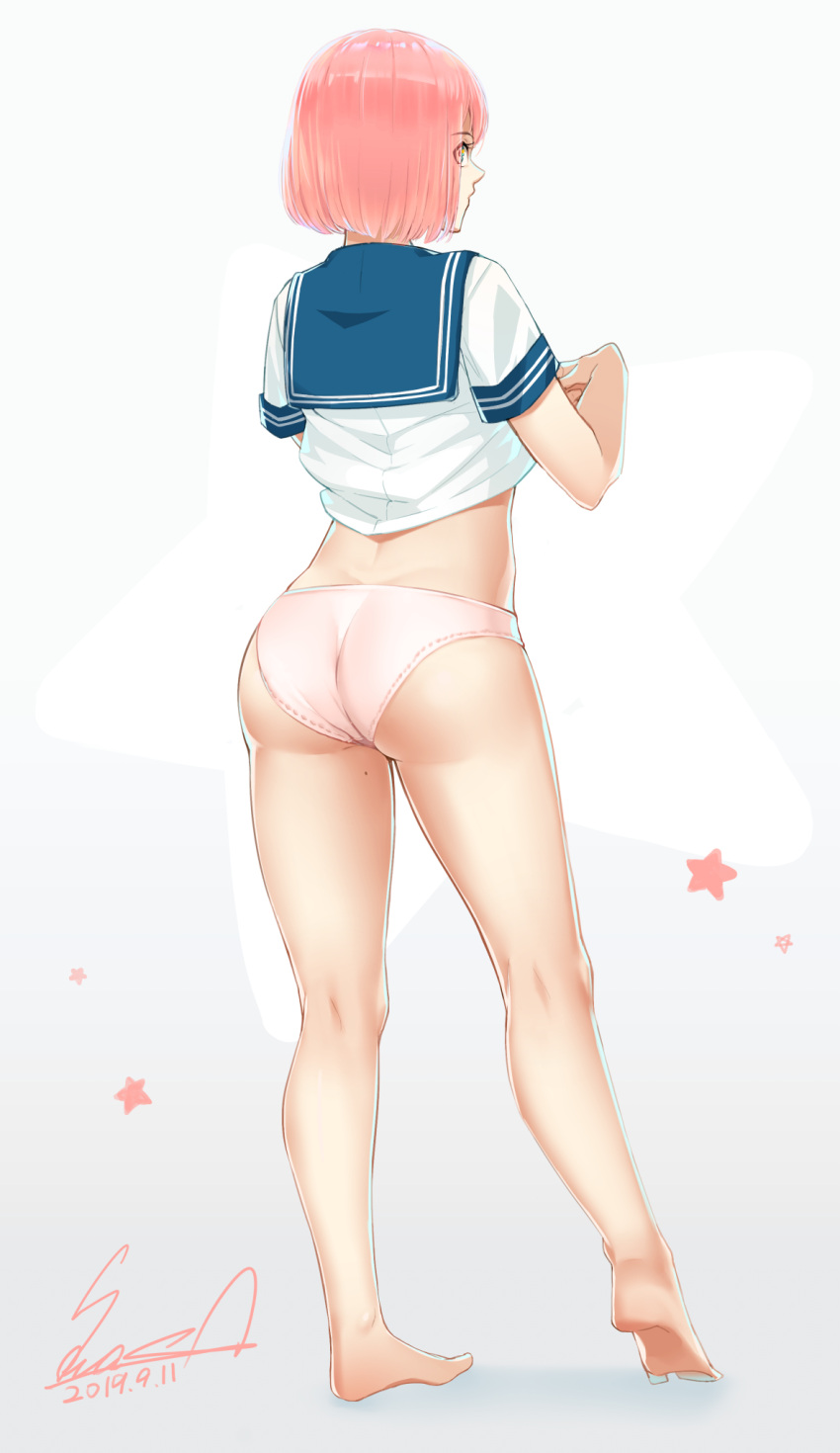 1girl, artist_name, ass, bangs, barefoot, bob_cut, dated, from_behind