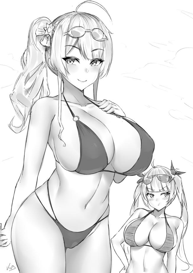 2girls, ahoge, azur_lane, bikini, bow, breasts, eyewear_on_head, goggles, goggles_on_head, hair_bow, honolulu_(summer_accident?!)_(azur_lane), kuavera, large_breasts, looking_at_viewer, multiple_girls, pout, side_ponytail, swimsuit, twintails, zara_(poolside_coincidence)_(azur_lane)