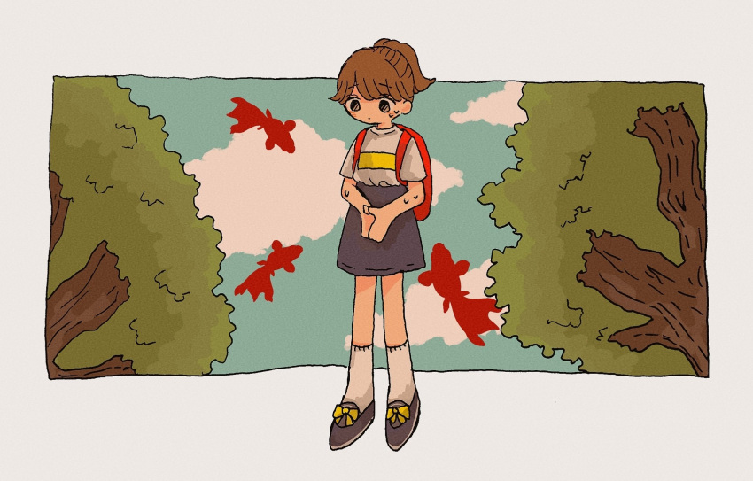 1girl, backpack, bag, bangs, blush, border, brown_hair, clouds