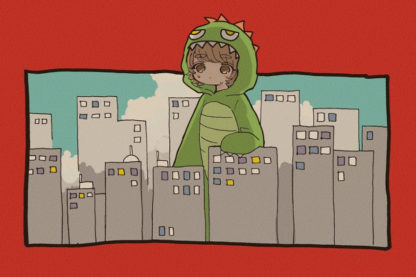 1girl, bangs, border, brown_eyes, brown_hair, city, clouds, cloudy_sky