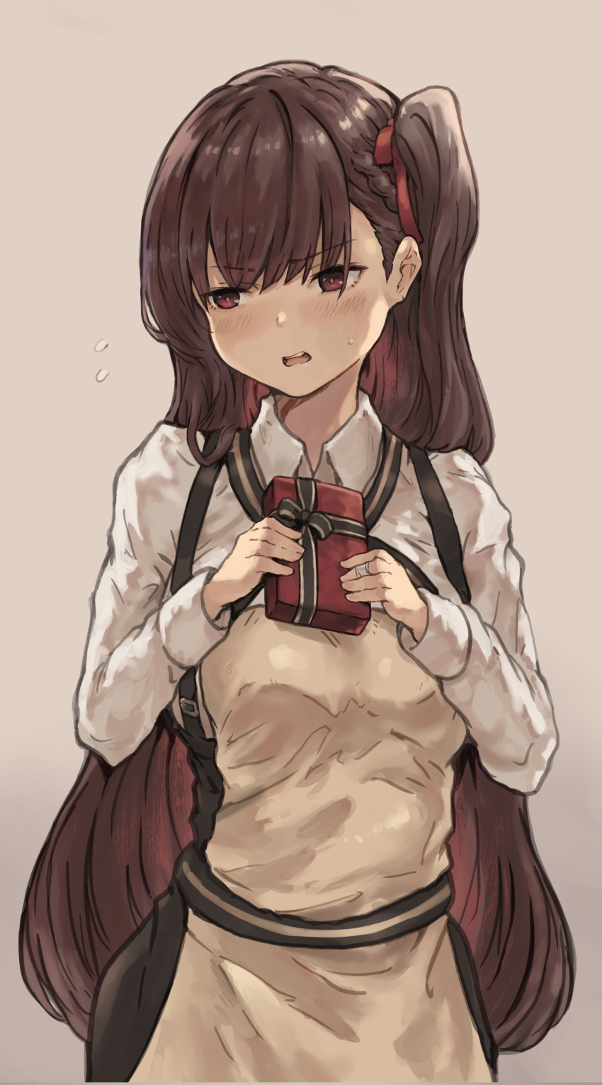 1girl, absurdres, apron, bangs, blush, box, breasts, brown_background