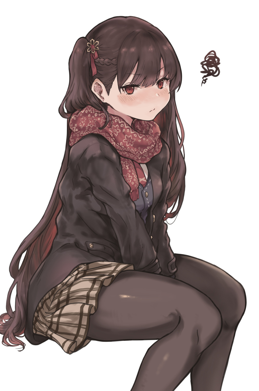 1girl, absurdres, bangs, between_legs, black_legwear, blush, breasts, closed_mouth
