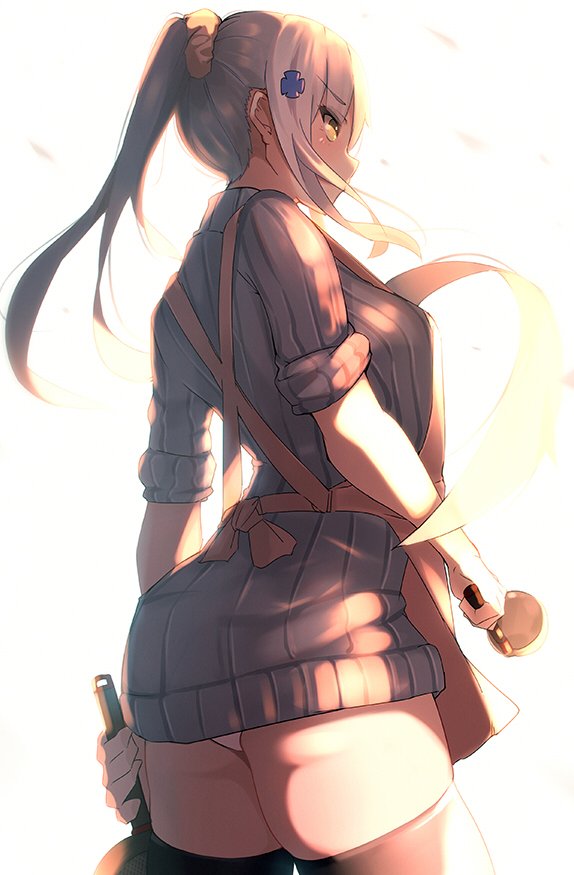 1girl, alternate_hairstyle, apron, black_legwear, breasts, commentary, eyebrows_visible_through_hair, floating_hair