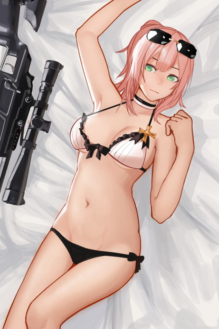 1girl, absurdres, arm_up, armpits, bow, bow_bra, bra, breasts