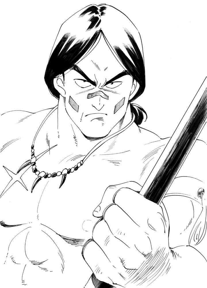 1boy, :|, abs, agahari, armlet, black_eyes, black_hair, bora_(dragon_ball), bracelet, chest_scar, clenched_hand, closed_mouth, collarbone, commentary_request, dragon_ball, dragon_ball_(classic), facepaint, fingernails, frown, holding, holding_spear, holding_weapon, jewelry, looking_away, male_focus, monochrome, muscle, native_american, nipples, polearm, scar, serious, shirtless, simple_background, spear, upper_body, v-shaped_eyebrows, weapon, white_background