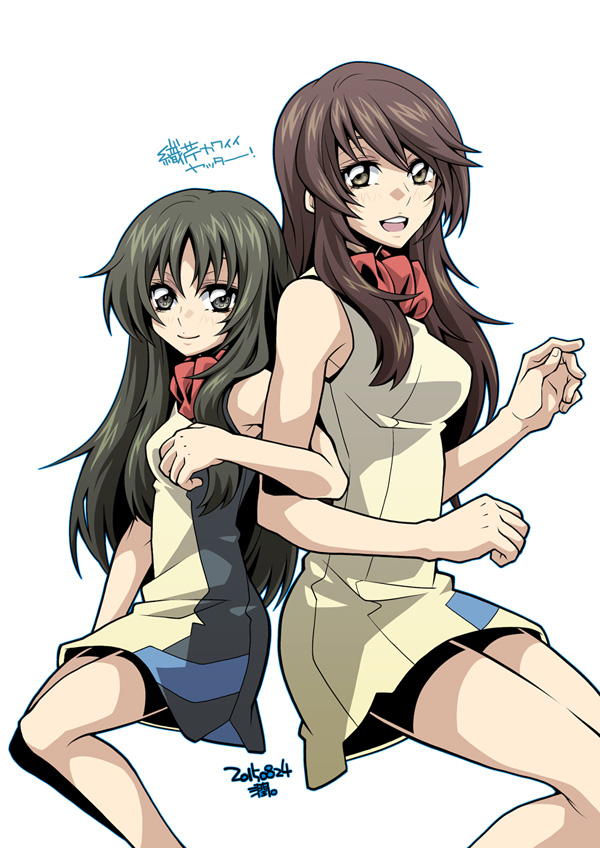 2girls, back-to-back, bare_shoulders, black_hair, breasts, brown_eyes, brown_hair, dated
