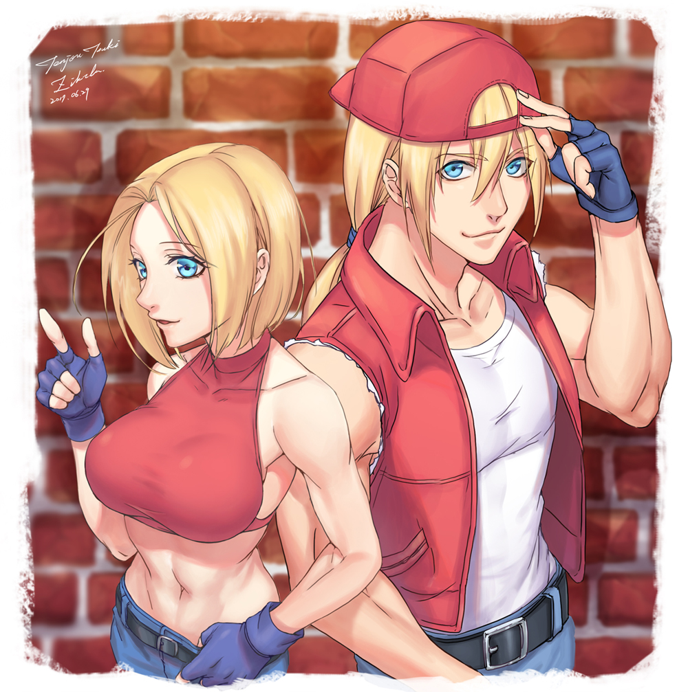 1boy, 1girl, adjusting_clothes, adjusting_hat, backwards_hat, baseball_cap, blonde_hair, blue_eyes