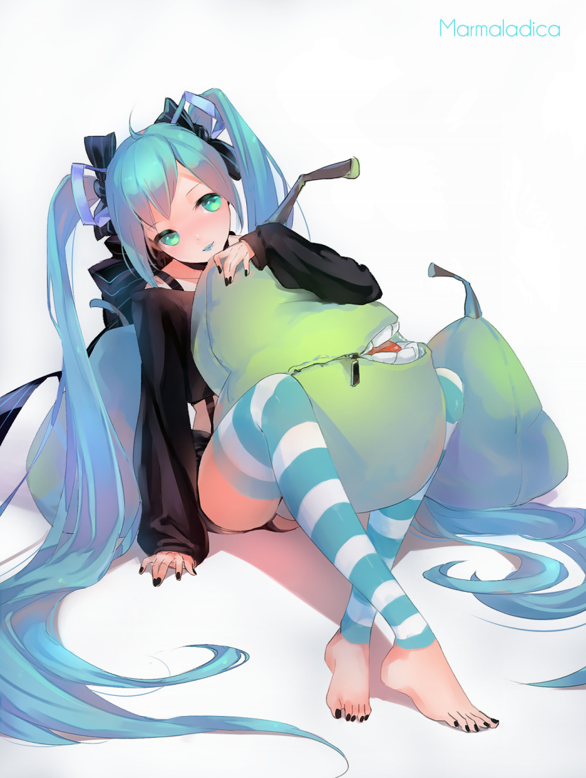 1girl, aqua_eyes, aqua_hair, aqua_lipstick, arm_support, bangs, barefoot, biting_pear_of_salamanca