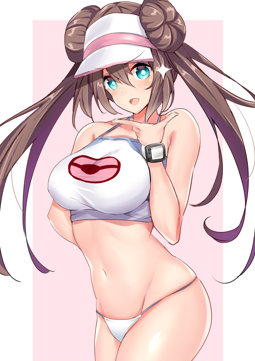 1girl, bangs, bare_shoulders, blue_eyes, blush, border, breasts, brown_hair