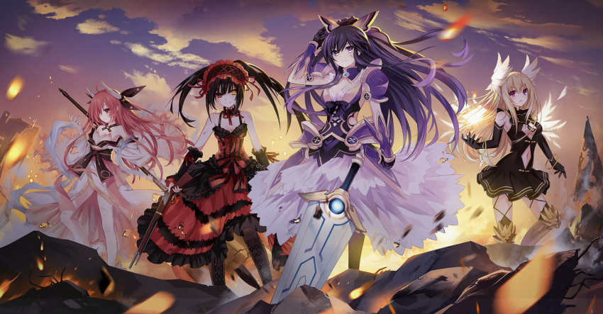 4girls, armor, armored_dress, black_gloves, black_hair, blonde_hair, date_a_live, gloves