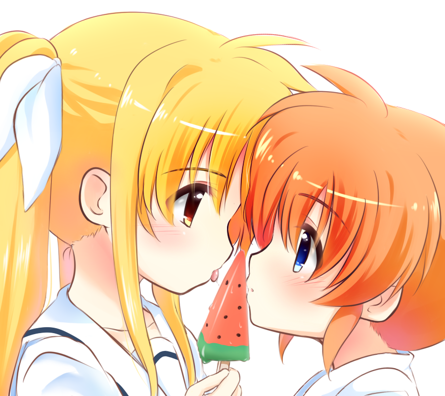 2girls, blonde_hair, blue_eyes, blush, collared_shirt, couple, eye_contact, fate_testarossa