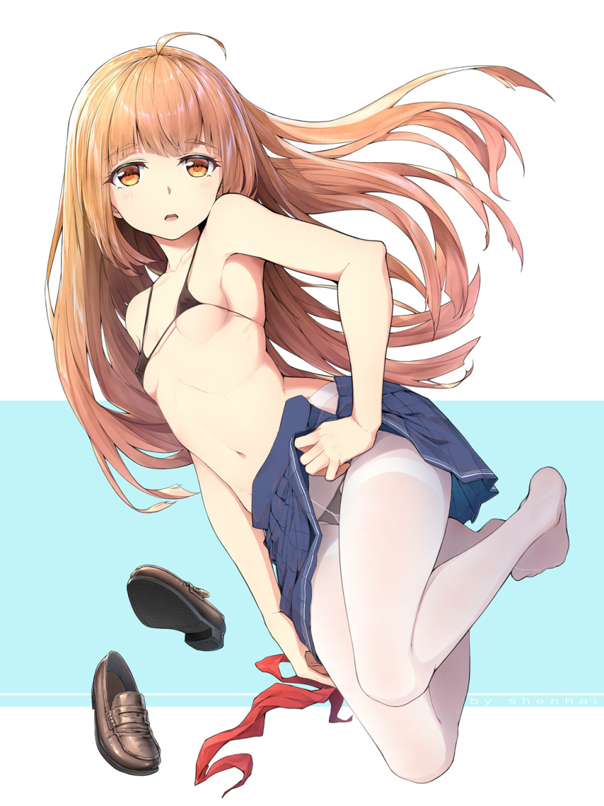 1girl, ahoge, arm_at_side, artist_name, bangs, bikini_top, black_bikini_top, black_panties