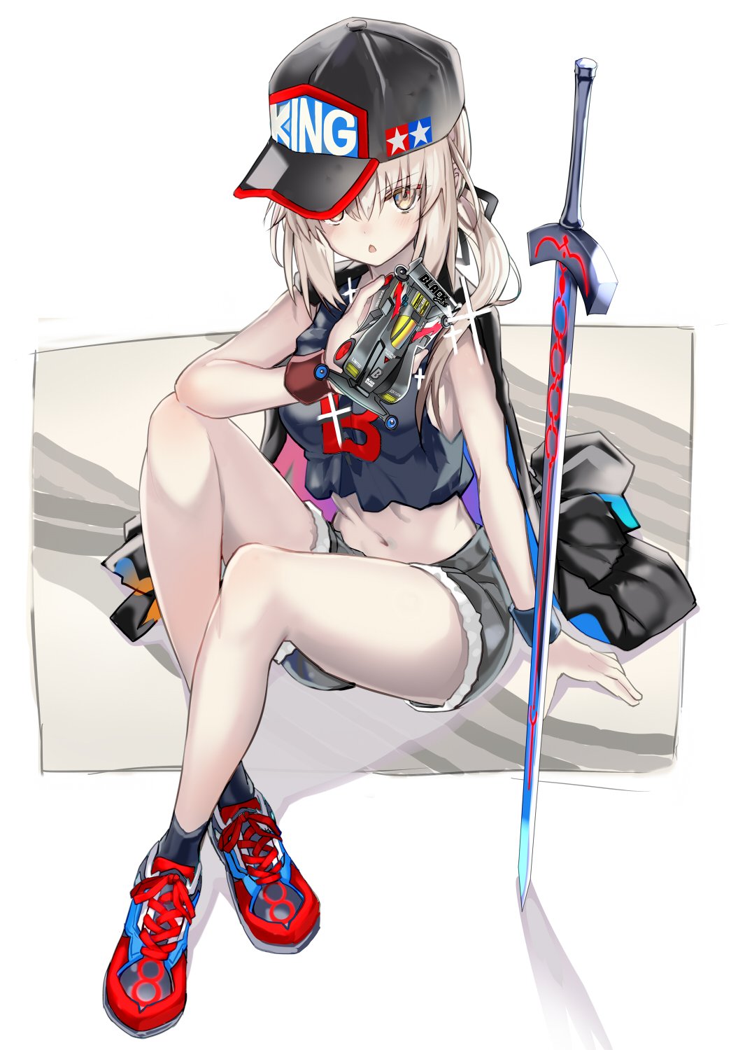 artoria_pendragon_(all), bangs, baseball_cap, black_headwear, black_tank_top, cape, fate/grand_order, fate_(series), hat, highres, midriff, mini_4wd, navel, open_mouth, platinum_blonde_hair, ponytail, red_footwear, saber_alter, shino_(eefy), short_shorts, shorts, sitting, sword, tamiya_incorporated, tank_top, weapon, wristband, yellow_eyes