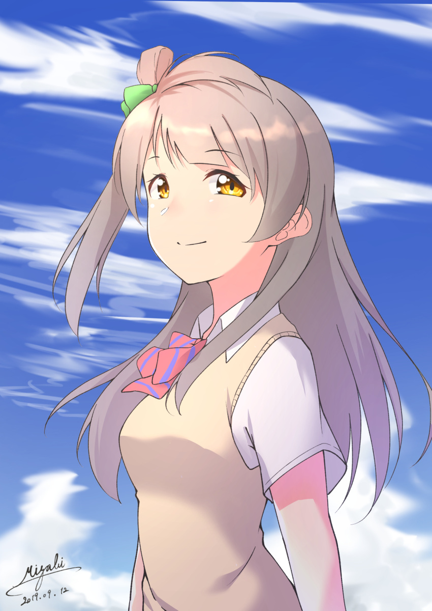 1girl, artist_name, bangs, breasts, check_commentary, clouds, cloudy_sky, commentary_request, eyebrows_visible_through_hair, grey_hair, haruna_miyabi, highres, long_hair, love_live!, love_live!_school_idol_project, medium_breasts, minami_kotori, one_side_up, otonokizaka_school_uniform, school_uniform, short_sleeves, signature, sky, solo, upper_body, yellow_eyes