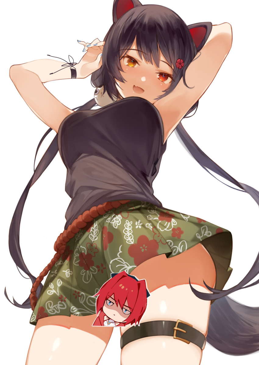 1girl, absurdres, ange_katrina, arms_up, black_hair, black_shirt, blue_nails, blush