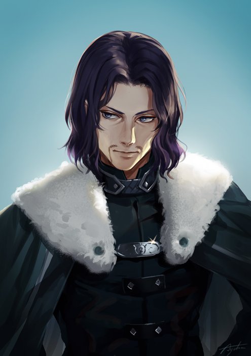 1boy, artist_name, black_hair, blue_background, blue_eyes, cape, facial_hair, fire_emblem