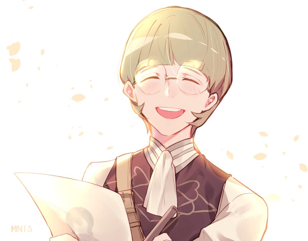 1boy, artist_name, blonde_hair, closed_eyes, fire_emblem, fire_emblem:_three_houses, garreg_mach_monastery_uniform, glasses