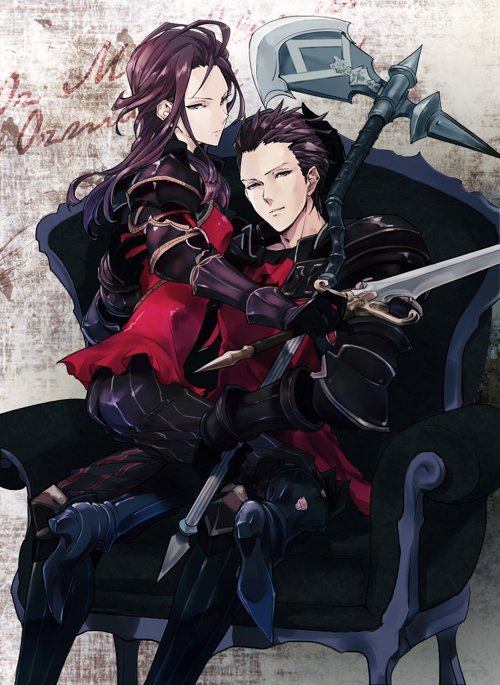 1boy, 1girl, axe, black_gloves, brother_and_sister, brown_eyes, brown_hair, character_name