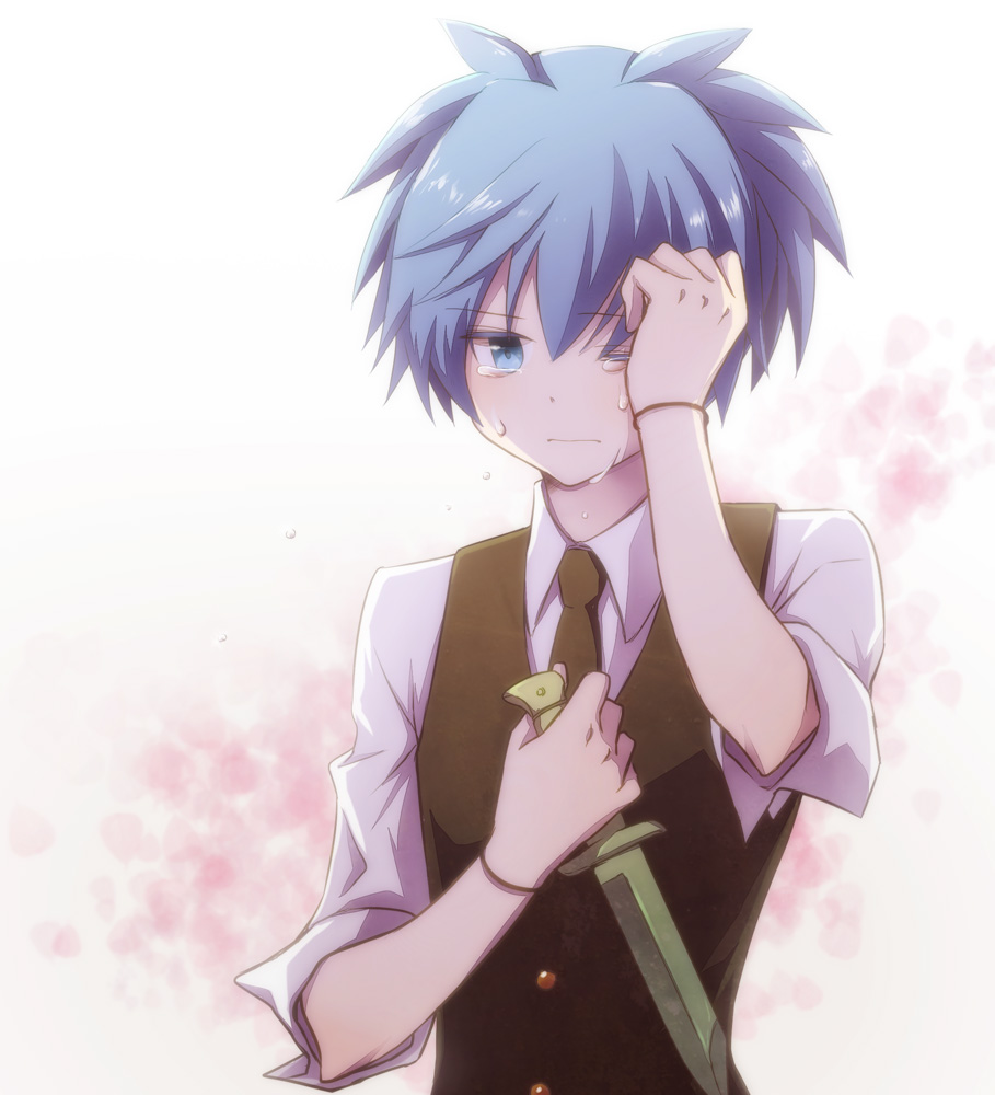 1boy, aihara_kaya, ansatsu_kyoushitsu, arm_up, black_neckwear, blue_eyes, blue_hair, closed_mouth, collared_shirt, crying, crying_with_eyes_open, eyebrows_visible_through_hair, looking_at_viewer, necktie, one_eye_closed, otoko_no_ko, shiota_nagisa, shirt, short_sleeves, solo, tears, upper_body, white_shirt, wiping_tears