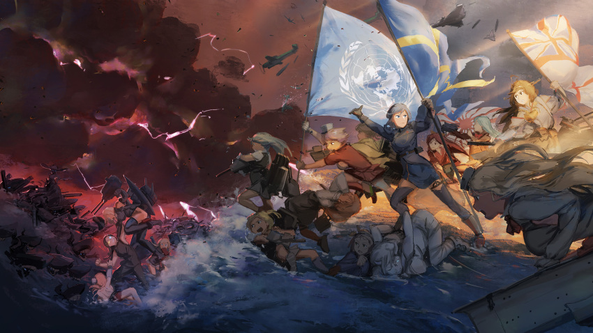 6+girls, aircraft, arashio_(kantai_collection), bangs, bismarck_(kantai_collection), breasts, character_request, flag