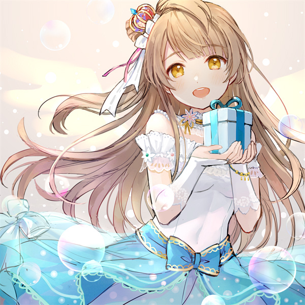 1girl, bangs, birthday, box, breasts, bubble, commentary, crown