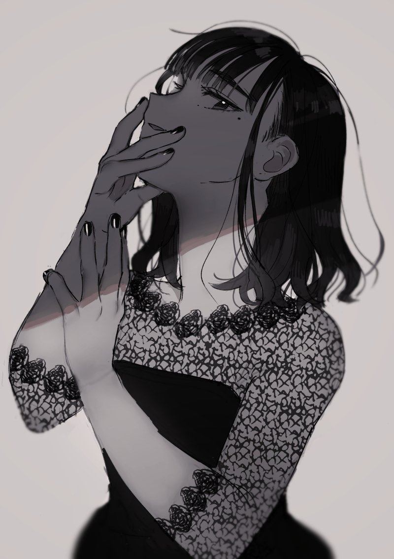 1girl, akka, bangs, black_dress, black_eyes, black_hair, black_nails, black_theme