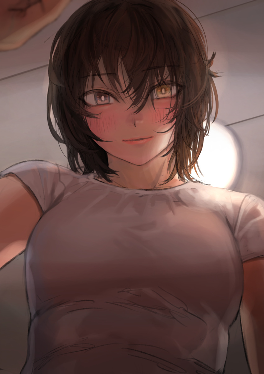 1girl, backlighting, blush, brown_eyes, brown_hair, commentary, eyebrows_visible_through_hair, heterochromia