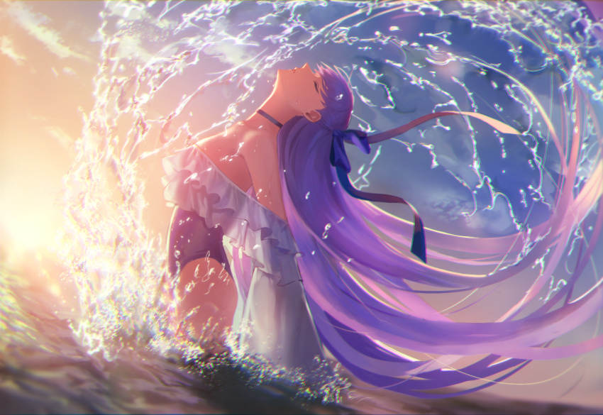 1girl, bare_shoulders, blue_choker, blue_ribbon, blue_swimsuit, breasts, choker, closed_eyes