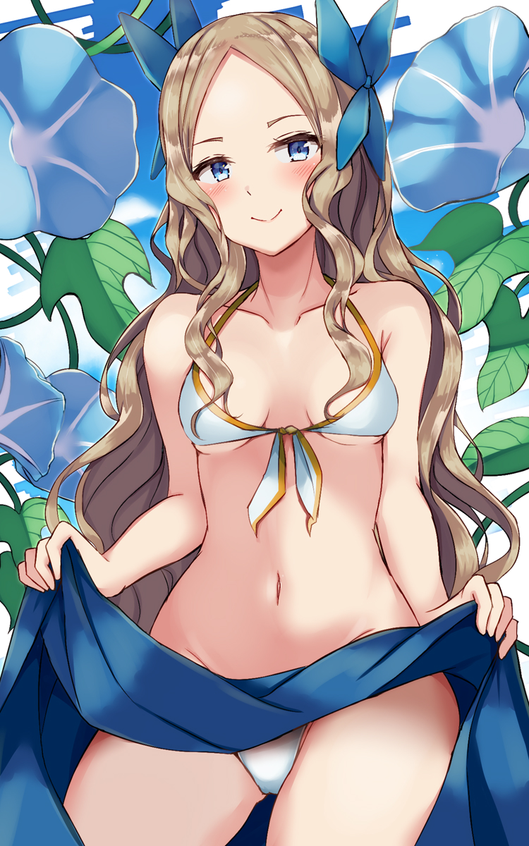 1girl, asakaze_(kantai_collection), bangs, bikini, blue_bow, blue_eyes, blue_flower, blush