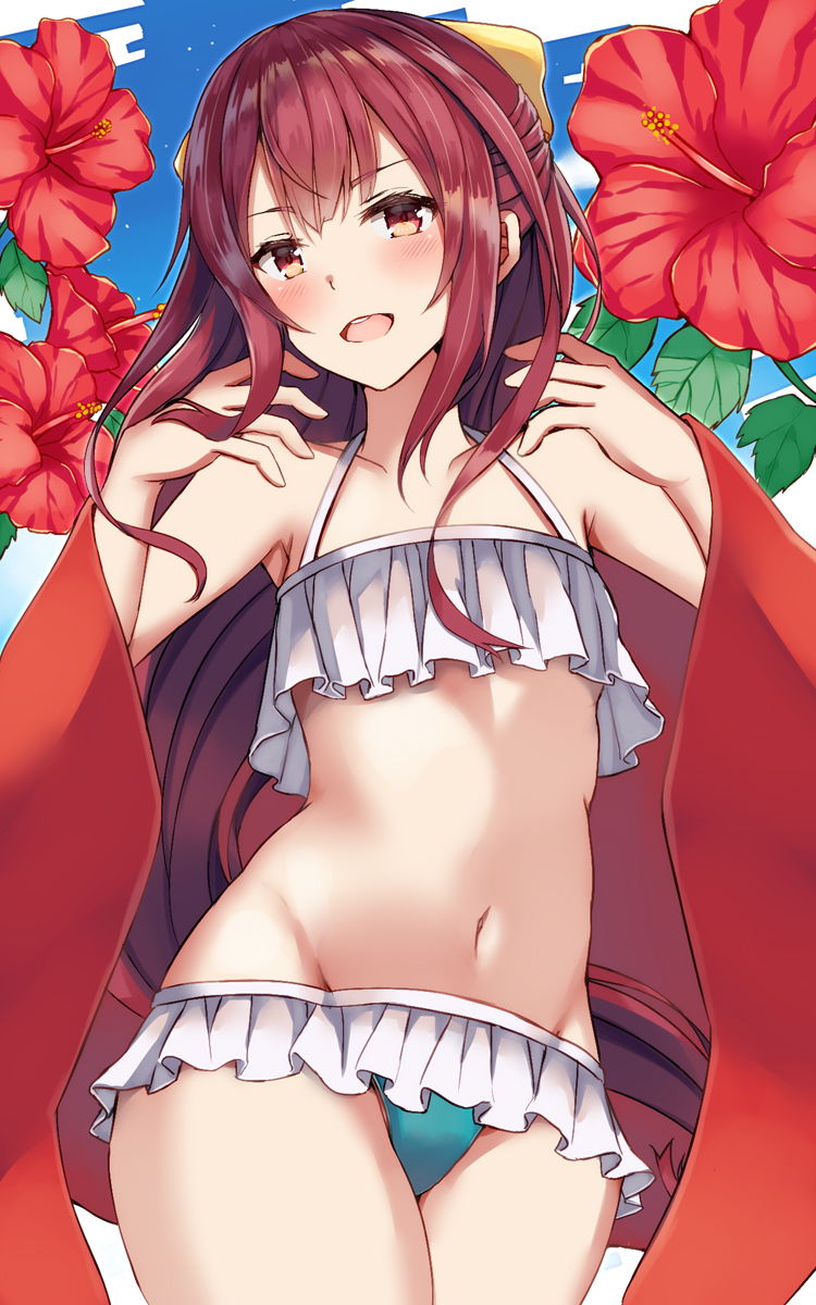 1girl, bangs, bikini, blush, bow, commentary_request, flower, frilled_bikini