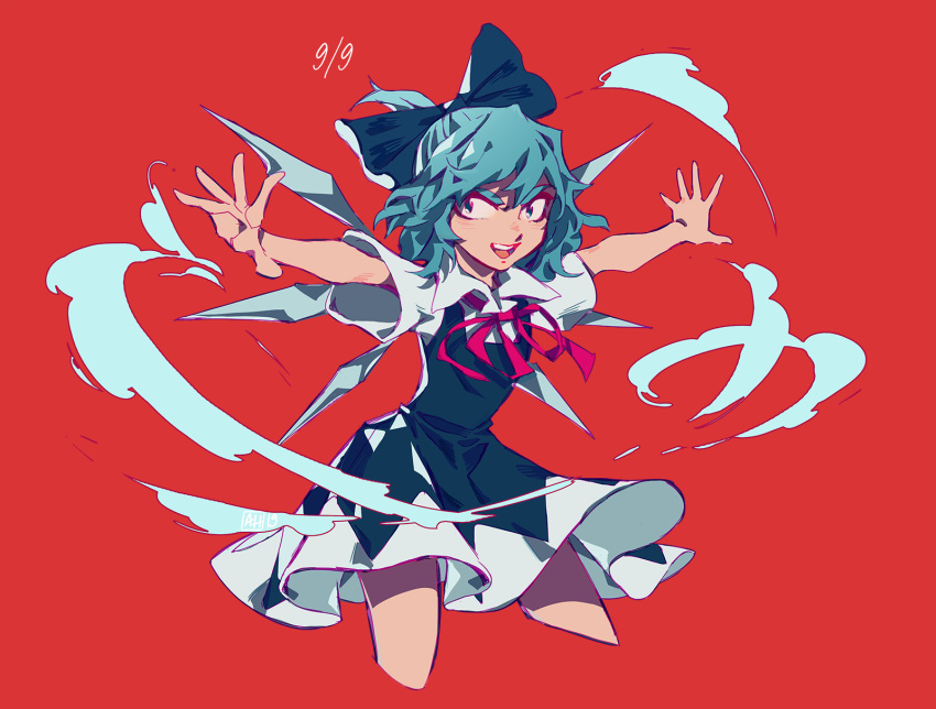 1girl, arlmuffin, blue_bow, blue_dress, blue_eyes, blue_hair, bow, cirno