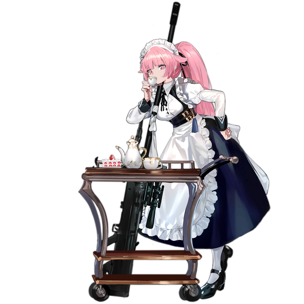 1girl, alternate_costume, anti-materiel_rifle, apron, bangs, belt, black_footwear, black_ribbon