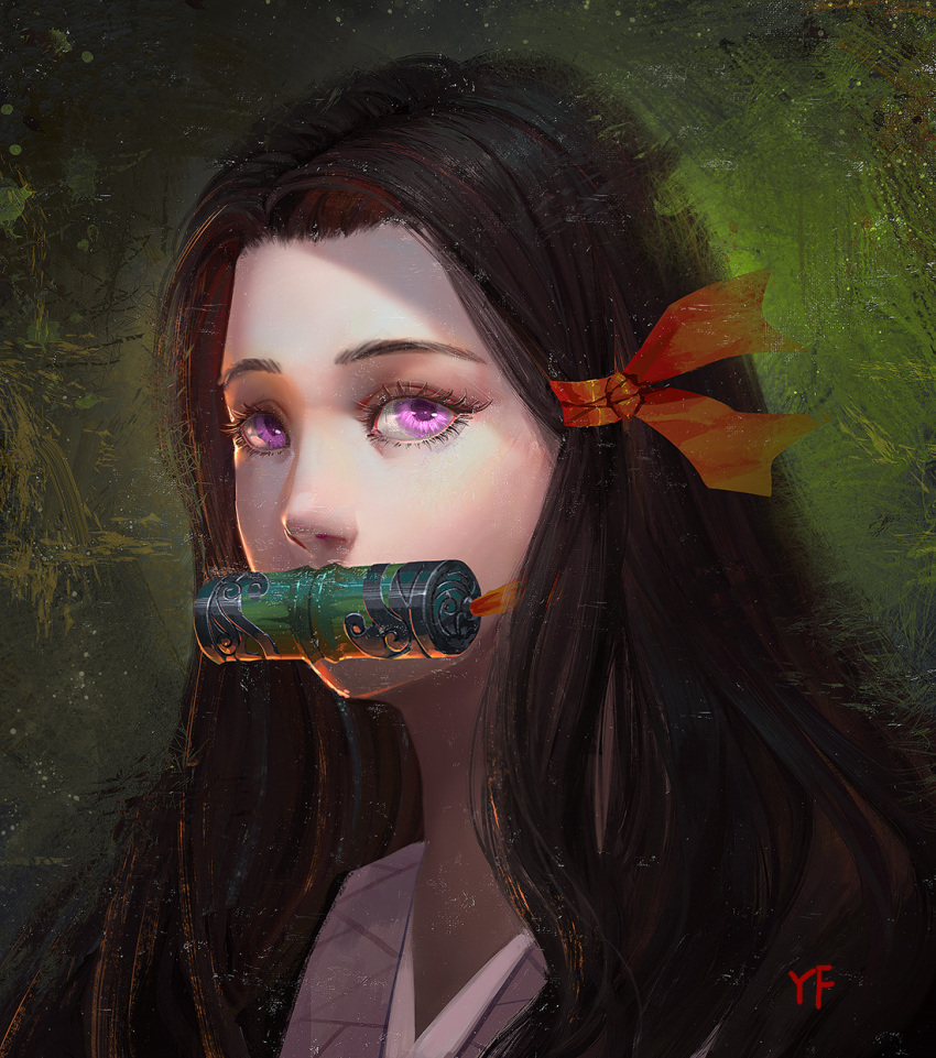 1girl, artist_name, baschyf, bit_gag, brown_hair, commentary_request, eyelashes, faux_traditional_media