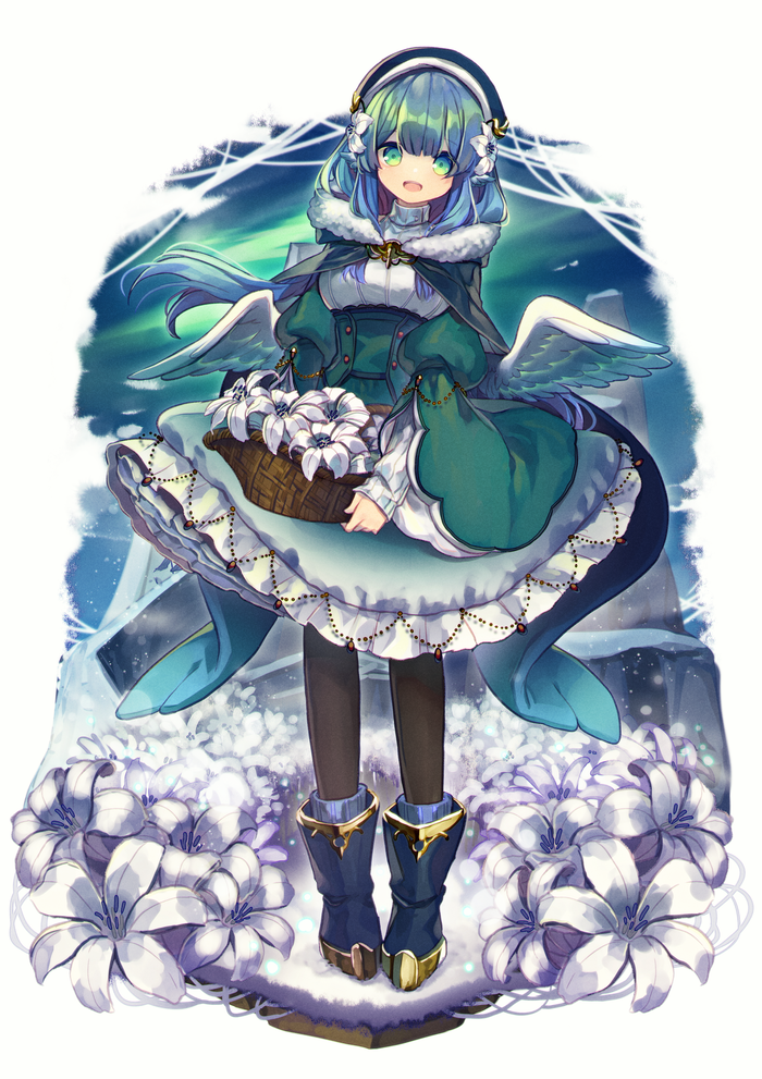 1girl, aoi_koto_madoka, bangs, basket, black_legwear, blunt_bangs, boots, dress