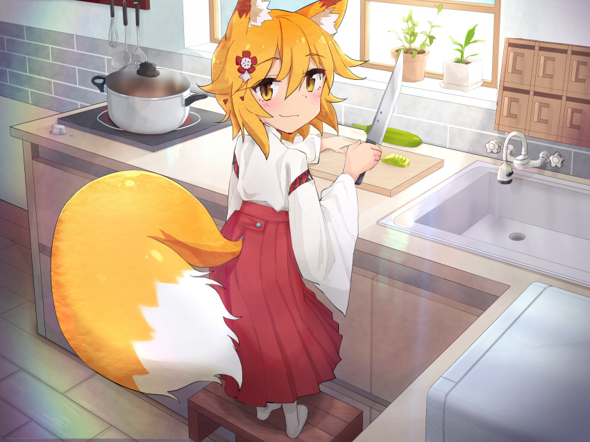 1girl, animal_ear_fluff, animal_ears, blonde_hair, blush, cooking, cutting_board, flower
