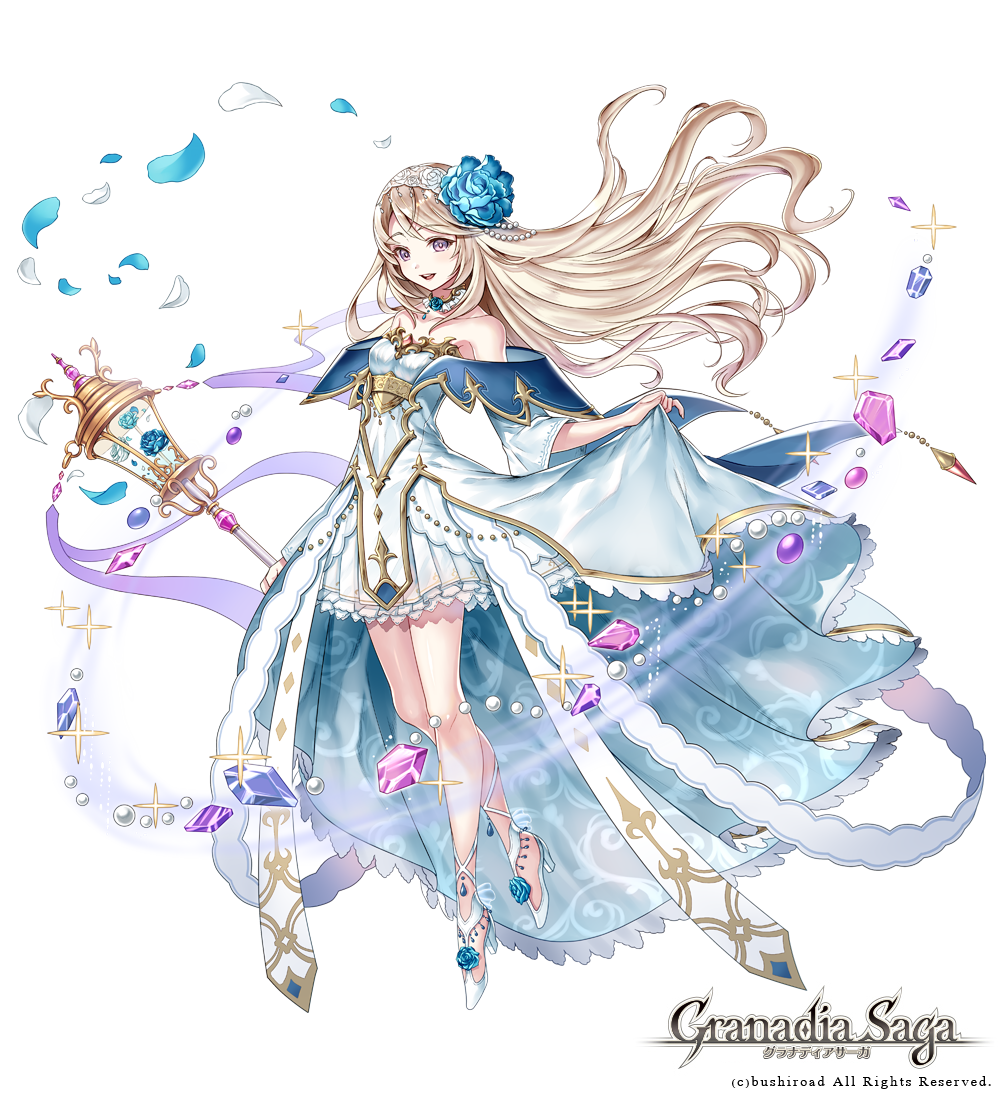 1girl, blonde_hair, blush, breasts, collar, dress, flower, granadia_saga, hair_flower, hair_ornament, jewelry, long_hair, official_art, petals, rei_(kinokotype), shoes, skirt, violet_eyes