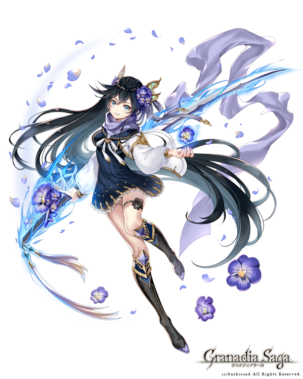 1girl, blue_eyes, boots, breasts, dress, dungeon, fantasy, flower