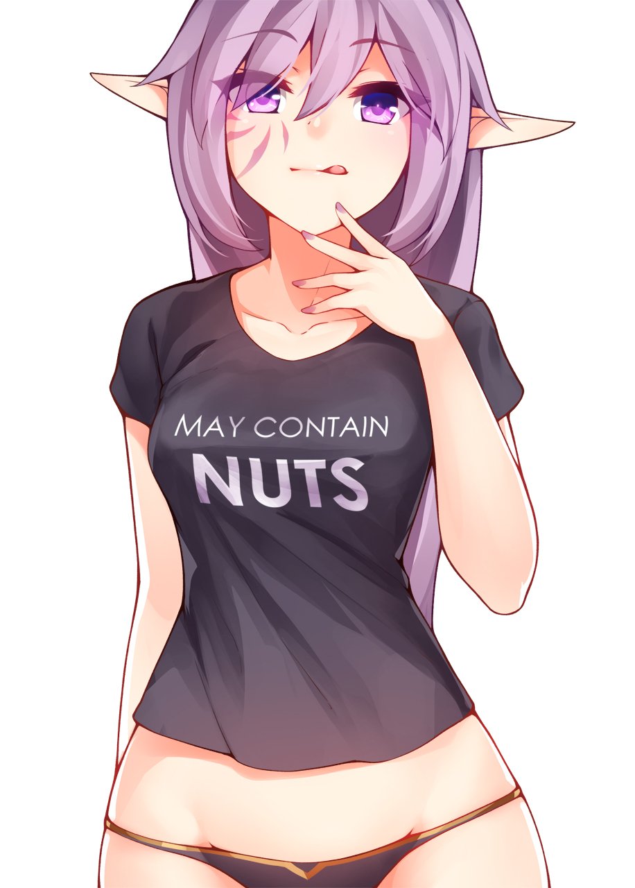 1girl, black_skirt, closed_mouth, clothes_writing, collarbone, elf, english_text, eyebrows_visible_through_hair