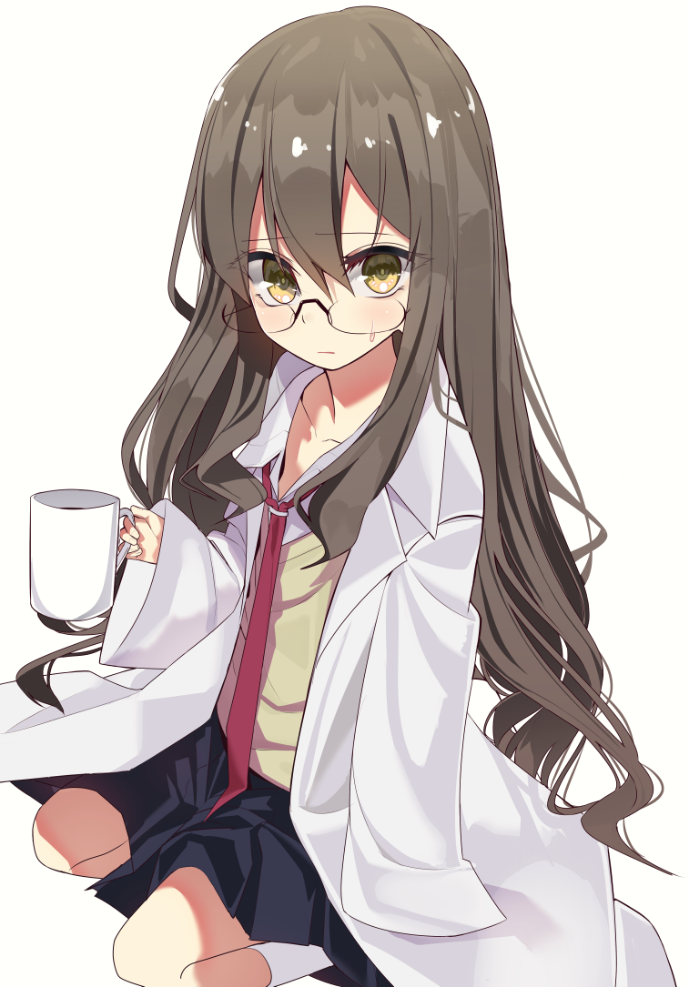 1girl, age_regression, bangs, black_skirt, blush, brown_eyes, brown_hair, coffee_mug