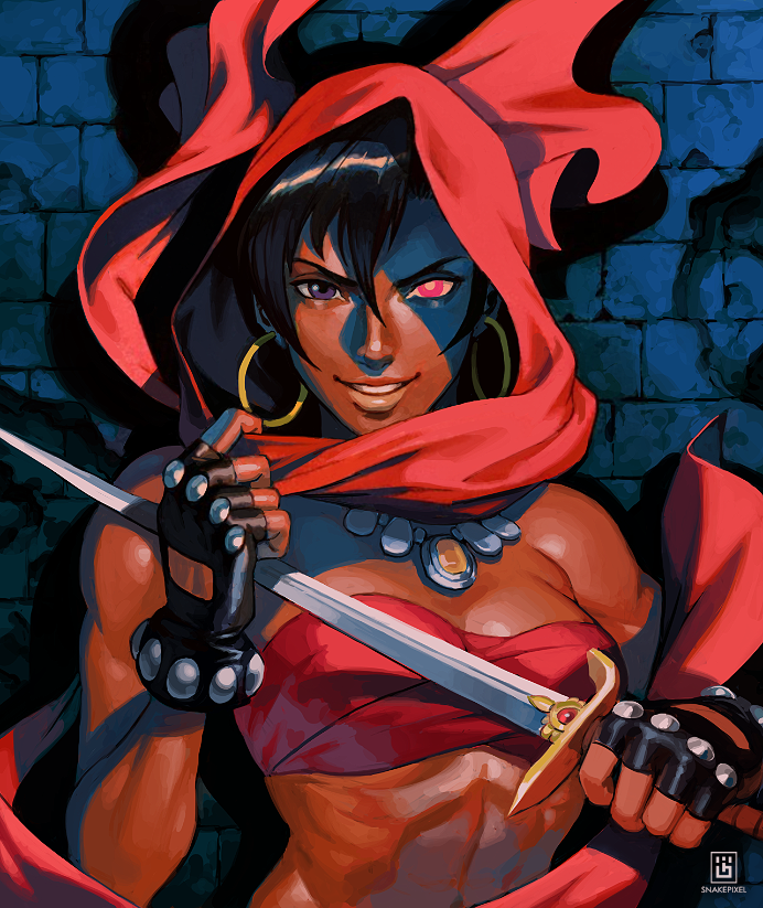 1girl, against_wall, bandeau, black_gloves, black_hair, breasts, commentary, dark_skin