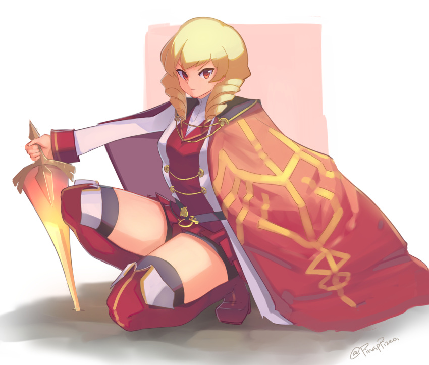1girl, bike_shorts, black_legwear, blonde_hair, boots, breasts, cape, drill_hair