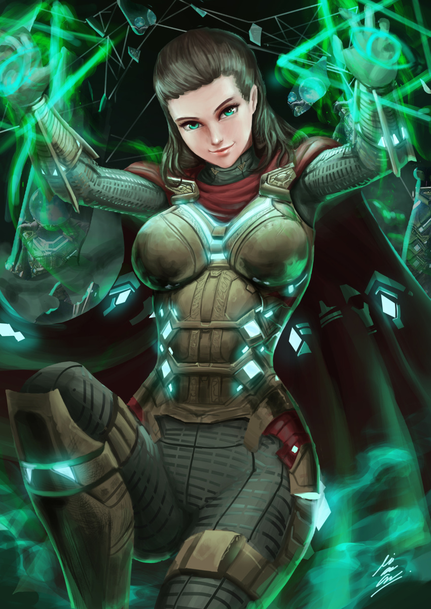 1girl, absurdres, artist_name, bodysuit, boots, brown_eyes, brown_hair, cape, genderswap, genderswap_(mtf), green_eyes, highres, long_hair, magic_circle, marvel, moi'dukdum, mysterio, sitting, spider-man:_far_from_home