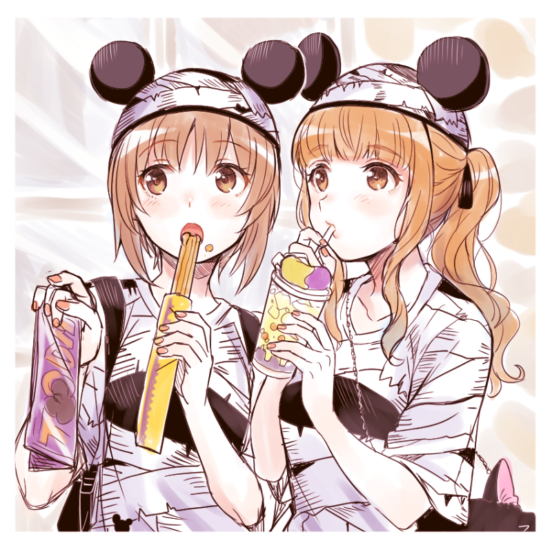 2girls, actas_(studio), animal_ears, bag, bandages, bangs, blunt_bangs, brown_eyes