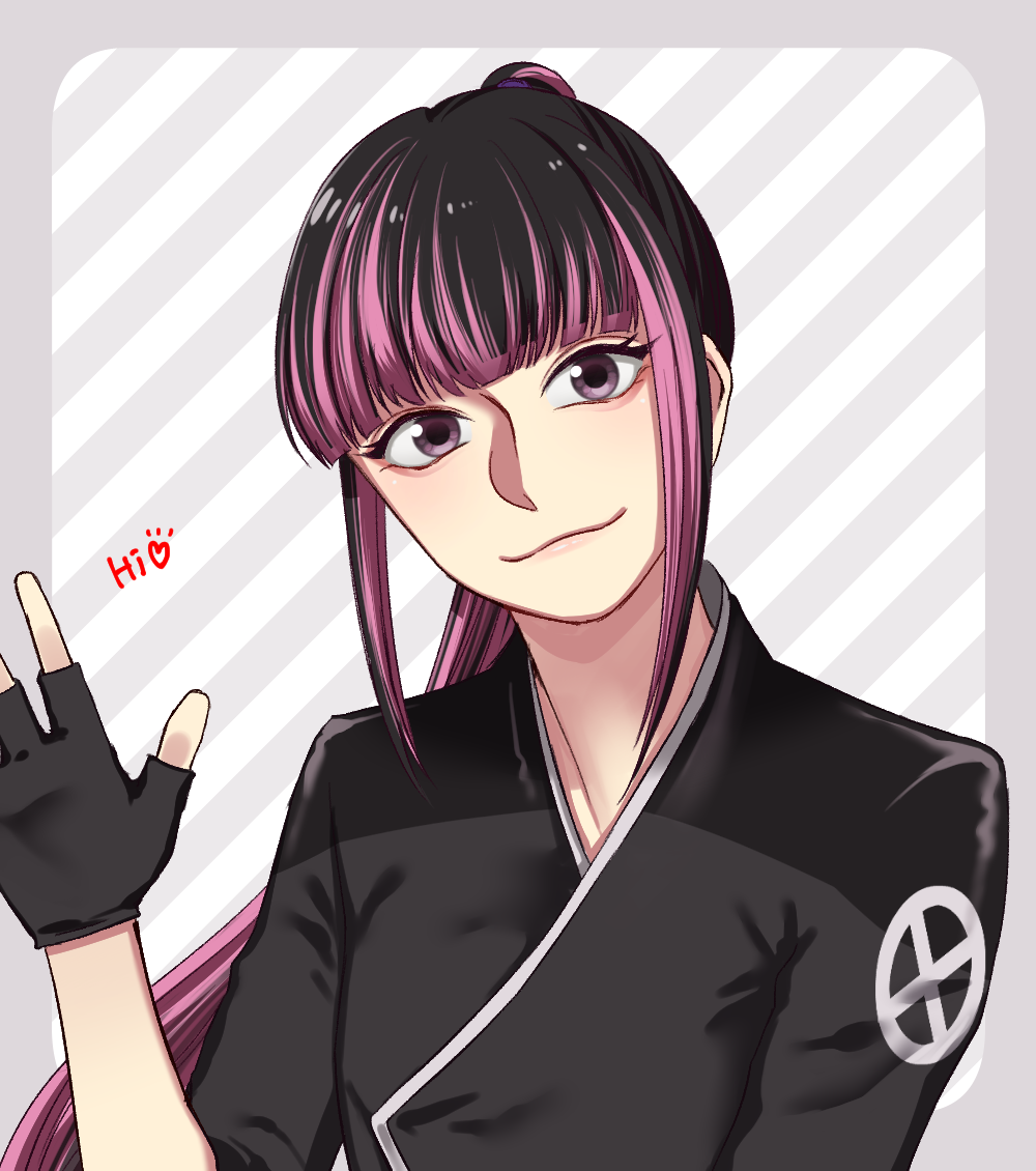 1girl, brown_hair, deadpool_(movie), deadpool_2, fingerless_gloves, gloves, heart, long_hair