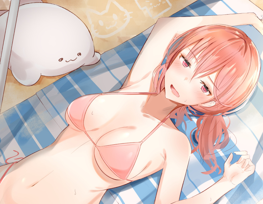 .live, 1girl, absurdres, arm_up, bangs, beach_towel, bikini, blush
