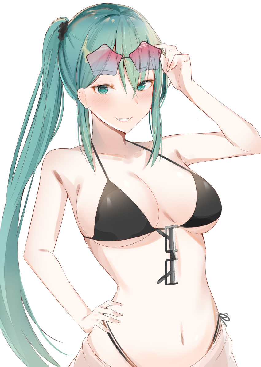 .live, 1girl, absurdres, bikini, black-framed_eyewear, black_bikini, blue_eyes, blue_hair, breasts, dogxfish, eyewear_on_head, eyewear_removed, hand_on_hip, highres, kagura_suzu_(.live), large_breasts, navel, side_ponytail, sidelocks, simple_background, solo, standing, star-shaped_eyewear, sunglasses, swimsuit, virtual_youtuber, white_background