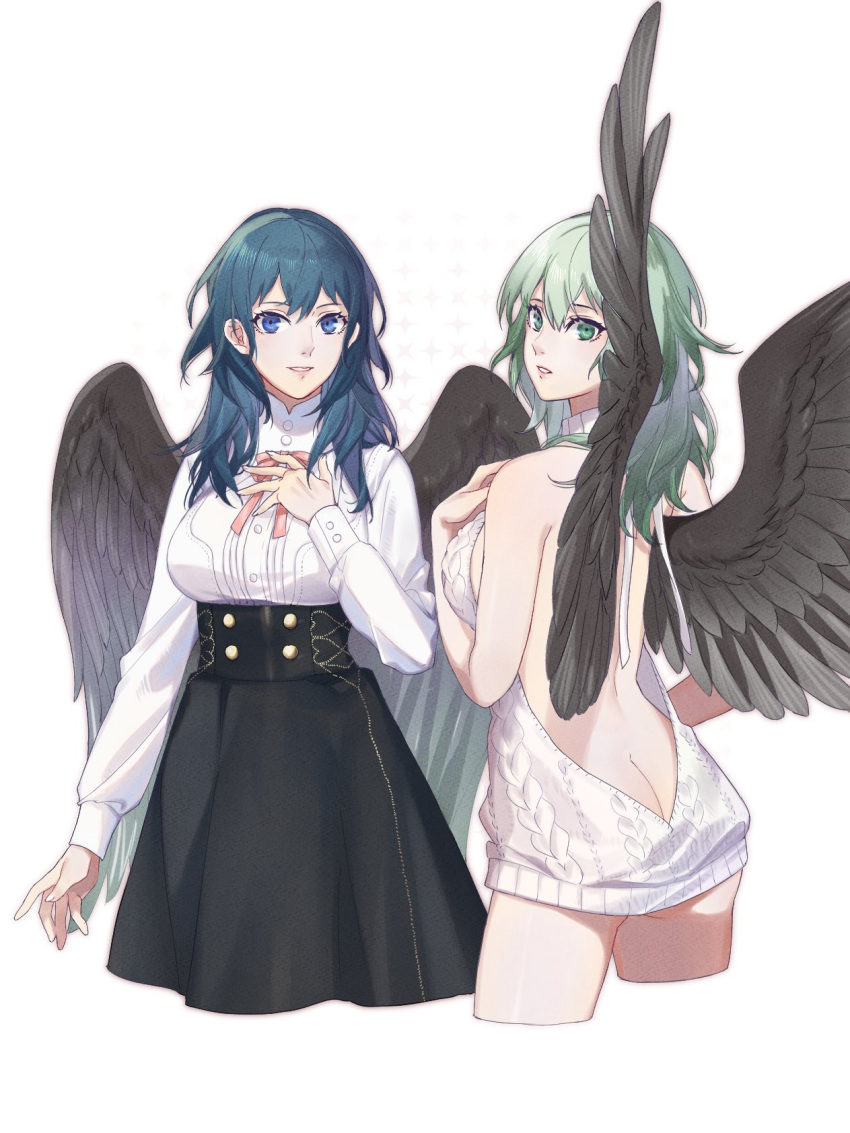 1girl, alternate_costume, ass, black_wings, blue_eyes, blue_hair, butt_crack, byleth_(fire_emblem)