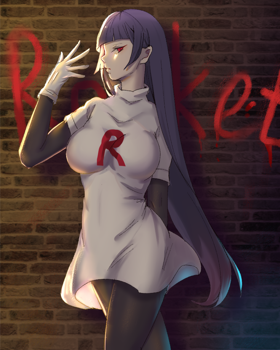 1girl, alternate_costume, arm_warmers, bangs, black_legwear, blunt_bangs, breasts, brick_wall